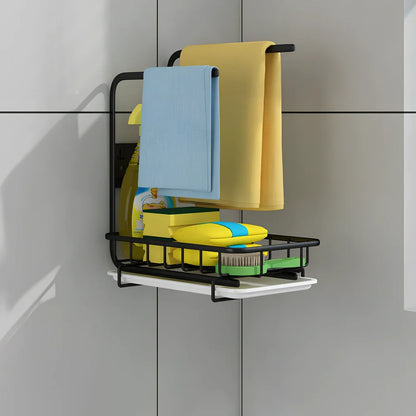 Black wall-mounted kitchen rag storage rack with 3 poles above sink