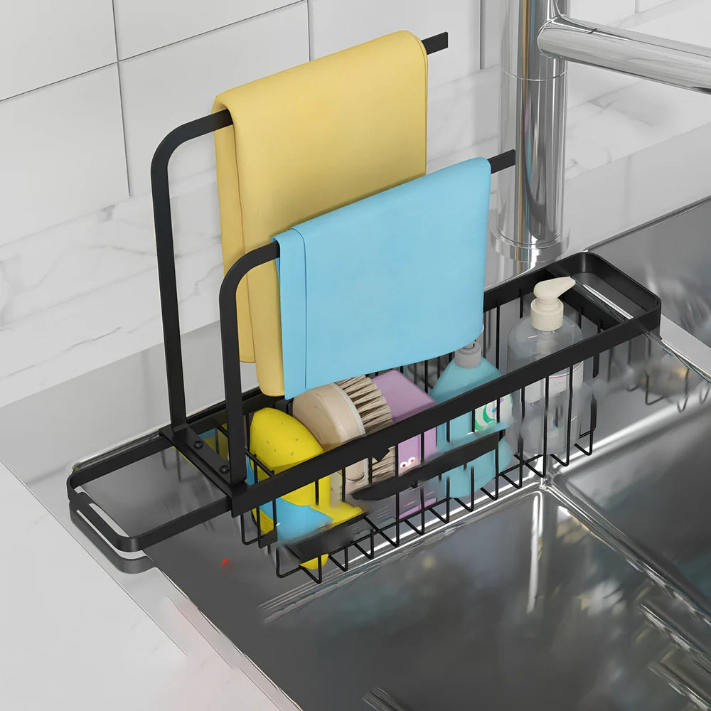 Black wall-mounted kitchen rag storage rack with 3 poles above sink