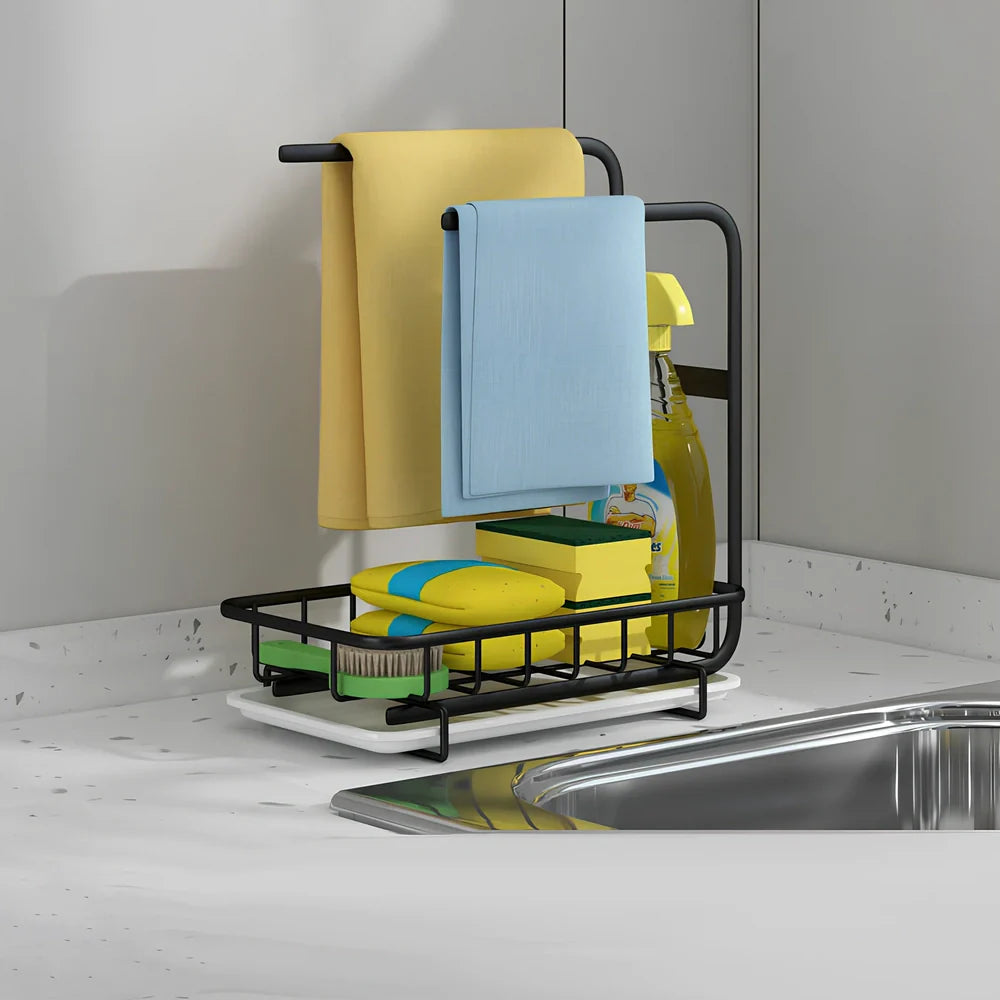 Black wall-mounted kitchen rag storage rack with 3 poles above sink