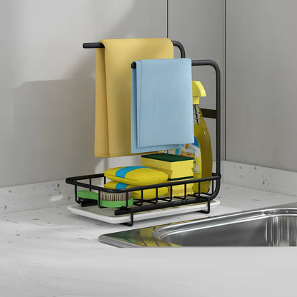 Black wall-mounted kitchen rag storage rack with 3 poles above sink