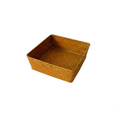 Straw desk storage box in brown colour with rectangular compartments for pen and cosmetic organisation