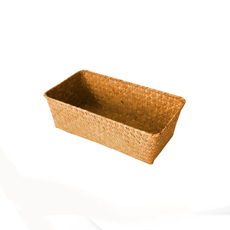 Straw desk storage box in brown colour with rectangular compartments for pen and cosmetic organisation