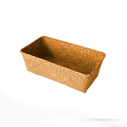 Straw desk storage box in brown colour with rectangular compartments for pen and cosmetic organisation