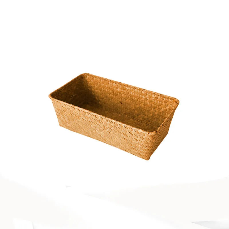 Straw desk storage box in brown colour with rectangular compartments for pen and cosmetic organisation