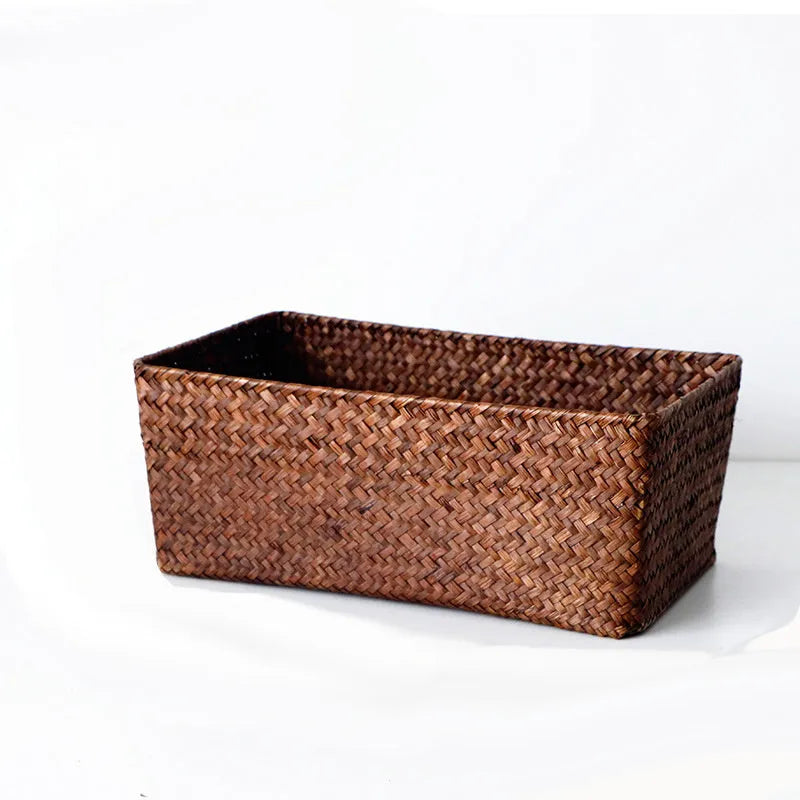 Straw desk storage box in brown colour with rectangular compartments for pen and cosmetic organisation