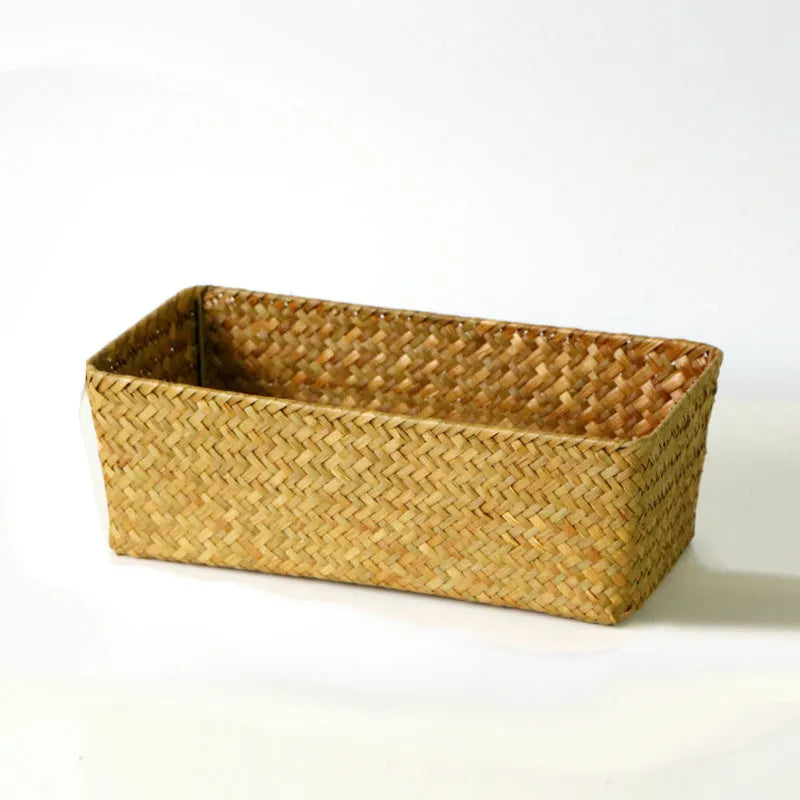 Straw desk storage box in brown colour with rectangular compartments for pen and cosmetic organisation