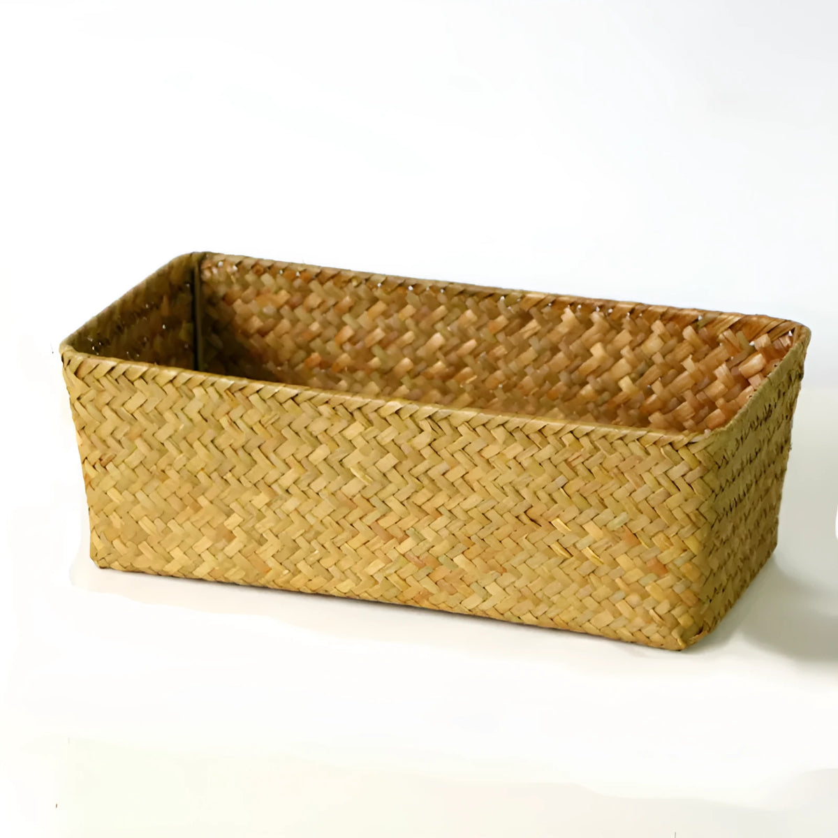 Straw desk storage box in brown colour with rectangular compartments for pen and cosmetic organisation