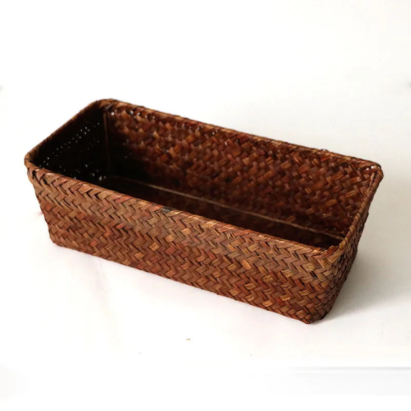 Straw desk storage box in brown colour with rectangular compartments for pen and cosmetic organisation