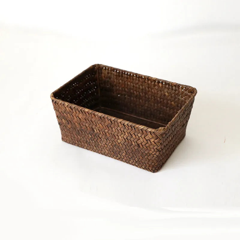 Straw desk storage box in brown colour with rectangular compartments for pen and cosmetic organisation