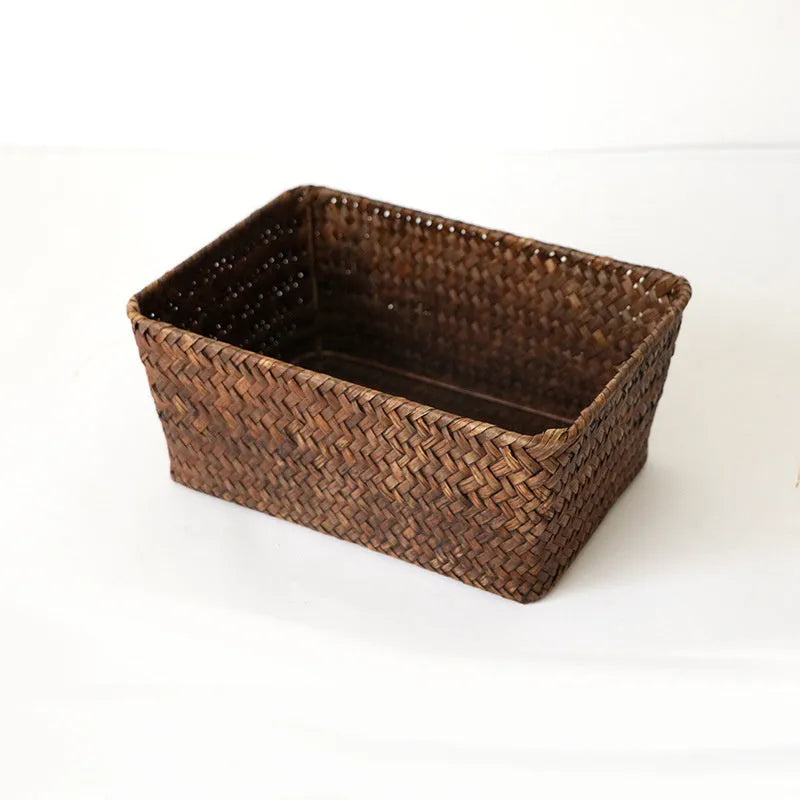 Straw desk storage box in brown colour with rectangular compartments for pen and cosmetic organisation