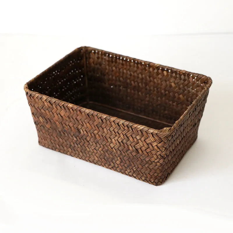 Straw desk storage box in brown colour with rectangular compartments for pen and cosmetic organisation