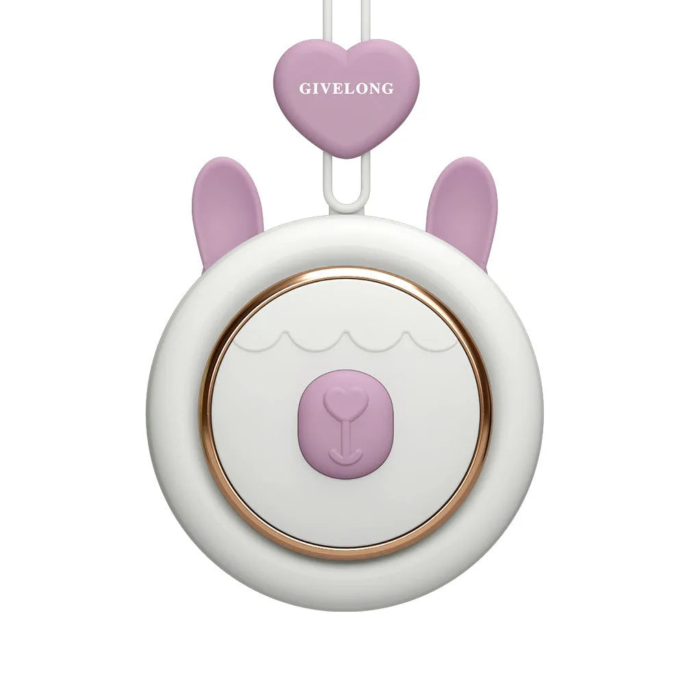 Mini bladeless neck band fan with hanging rope, USB port, and multiple colour options on a desk