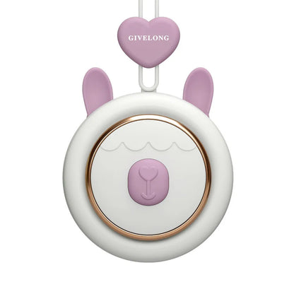 Mini bladeless neck band fan with hanging rope, USB port, and multiple colour options on a desk