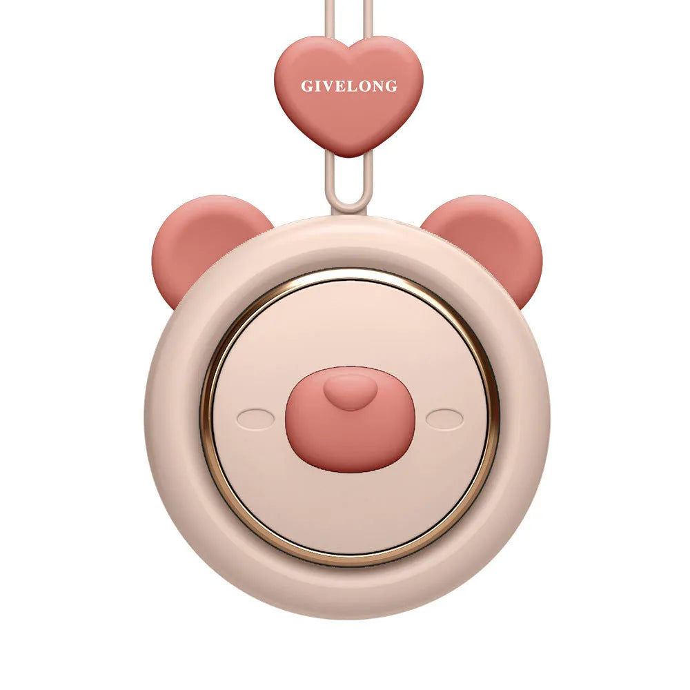Mini bladeless neck band fan with hanging rope, USB port, and multiple colour options on a desk
