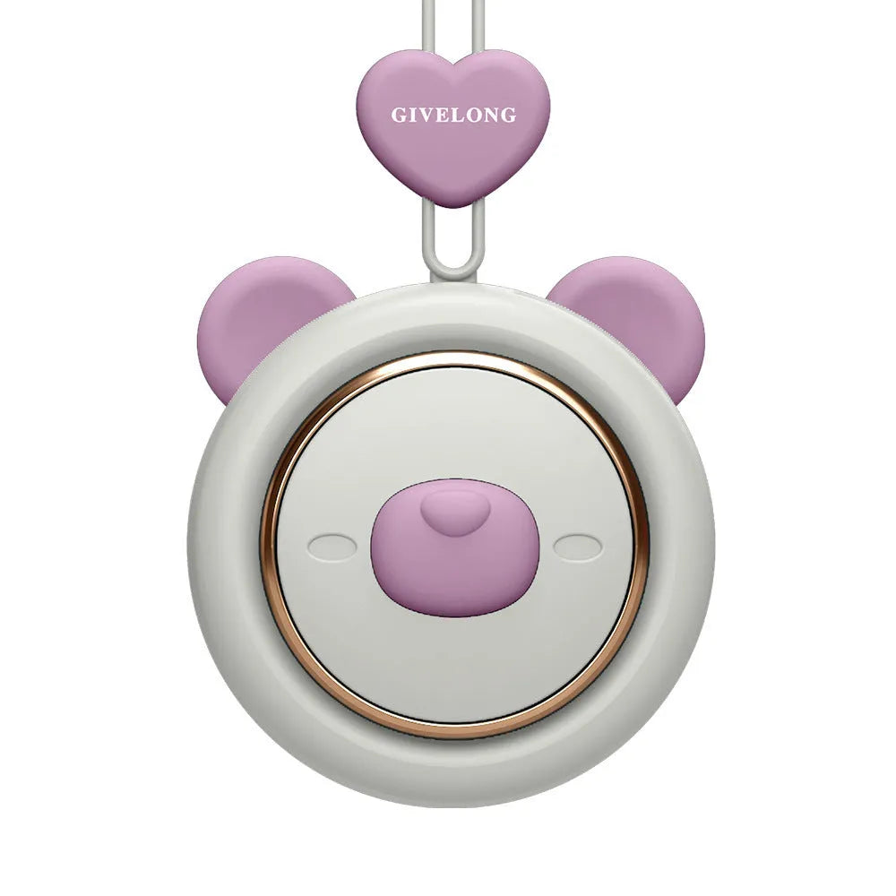 Mini bladeless neck band fan with hanging rope, USB port, and multiple colour options on a desk