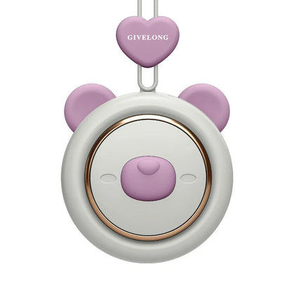 Mini bladeless neck band fan with hanging rope, USB port, and multiple colour options on a desk
