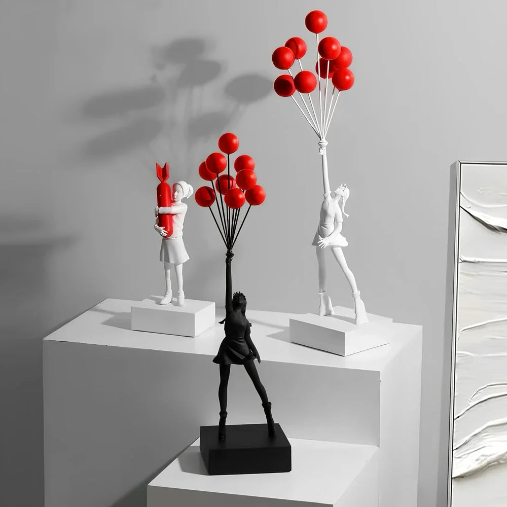 Bubble Girl natural resin sculpture ornament in white with red ball, 10-15 cm tall hanging modern decor piece