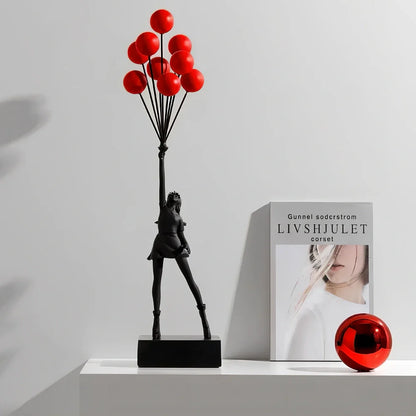 Bubble Girl natural resin sculpture ornament in white with red ball, 10-15 cm tall hanging modern decor piece