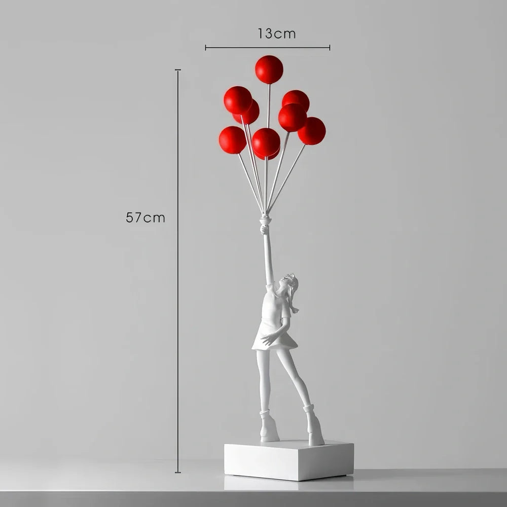 Bubble Girl natural resin sculpture ornament in white with red ball, 10-15 cm tall hanging modern decor piece