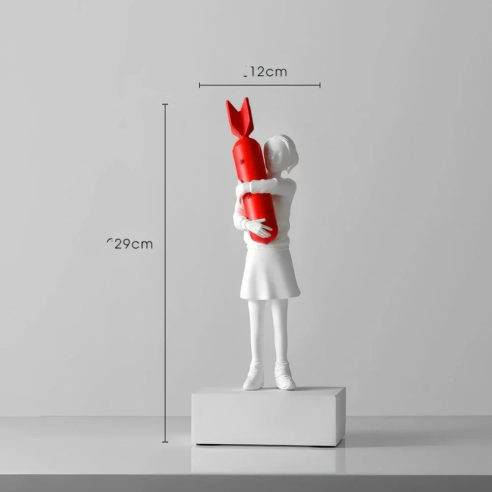 Bubble Girl natural resin sculpture ornament in white with red ball, 10-15 cm tall hanging modern decor piece