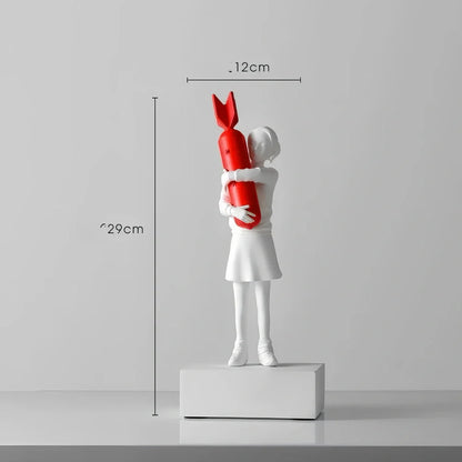 Bubble Girl natural resin sculpture ornament in white with red ball, 10-15 cm tall hanging modern decor piece