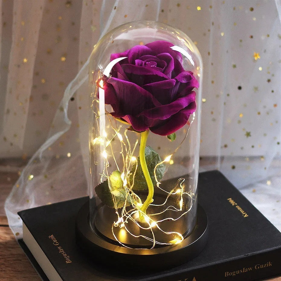 LED illuminated silk rose bouquet in glass cover for weddings and gifts