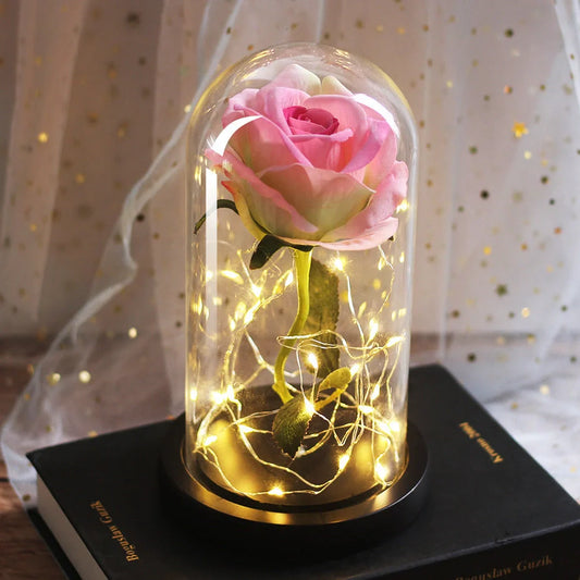 LED illuminated silk rose bouquet in glass cover for weddings and gifts