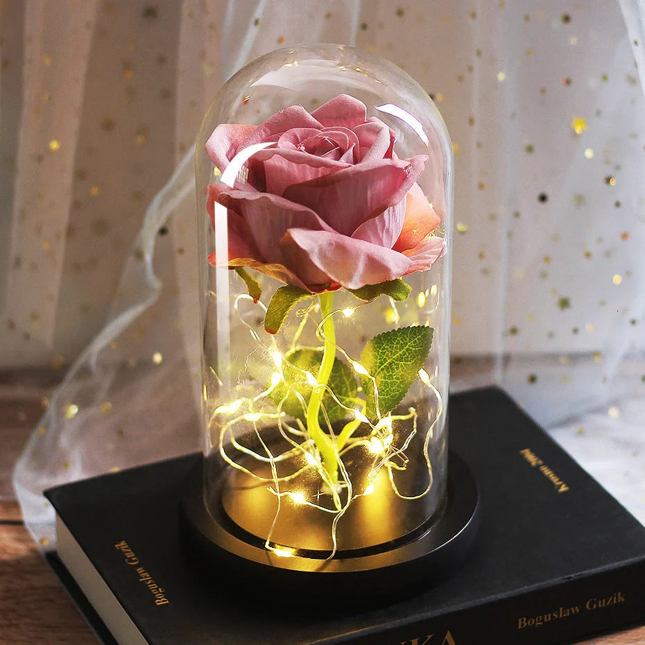 LED illuminated silk rose bouquet in glass cover for weddings and gifts