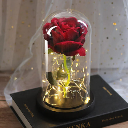 LED illuminated silk rose bouquet in glass cover for weddings and gifts