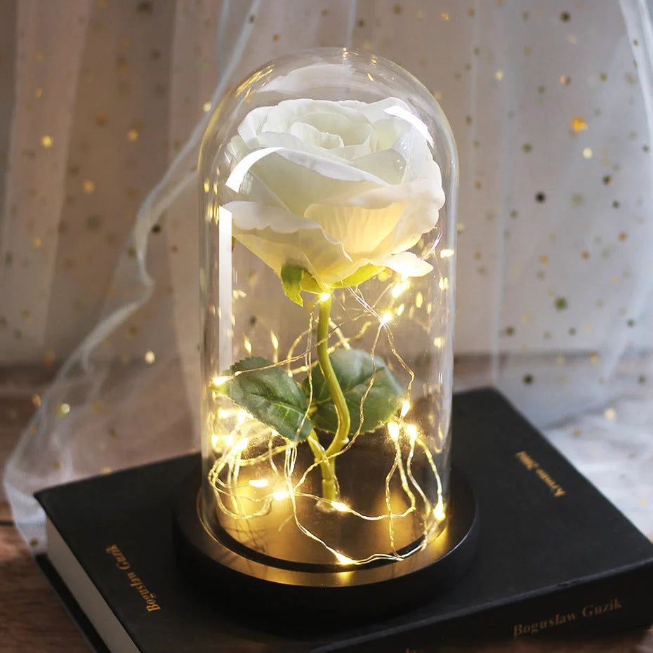 LED illuminated silk rose bouquet in glass cover for weddings and gifts