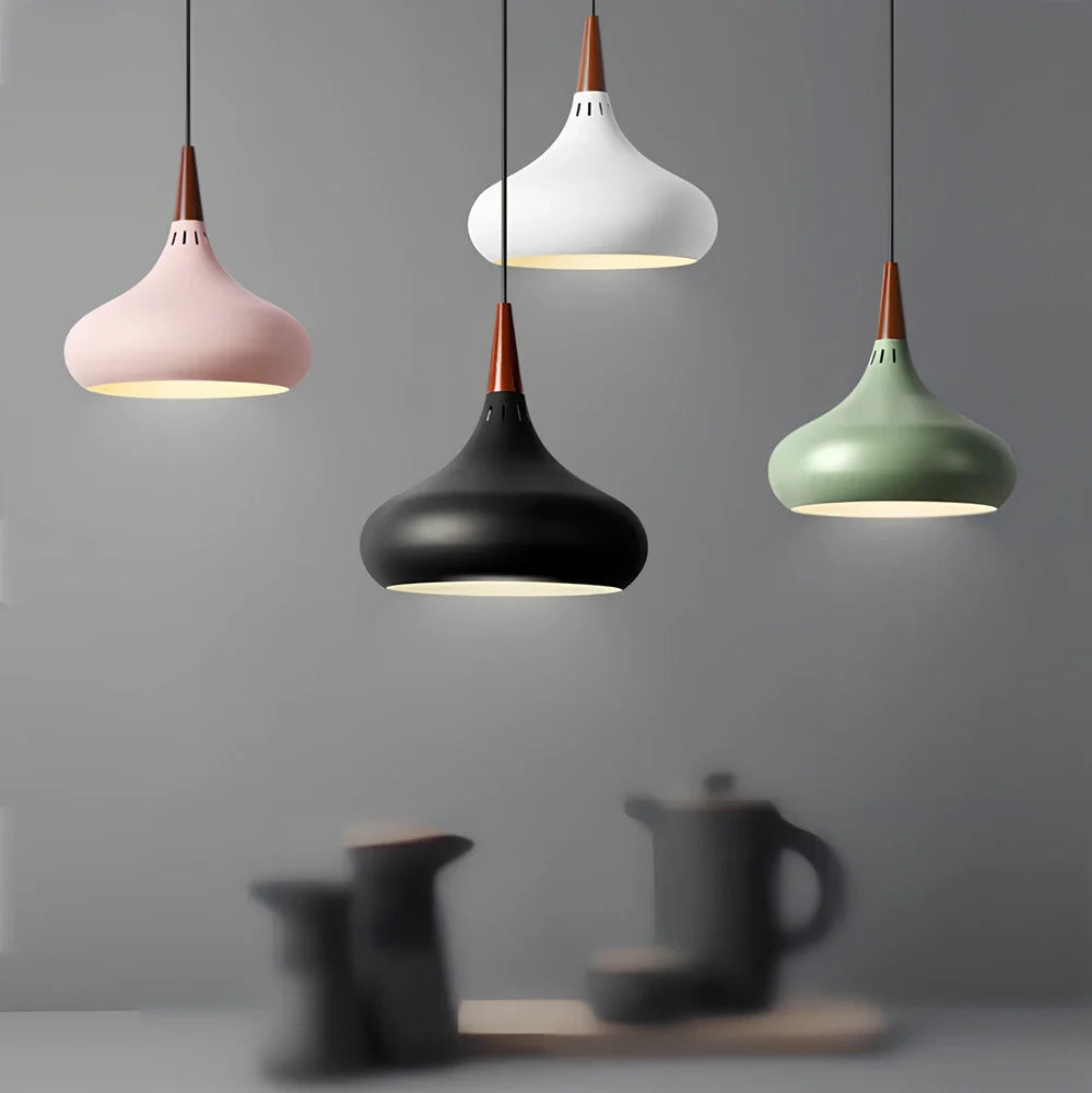 Modern solid wood chandelier with aluminium frame and single LED light head