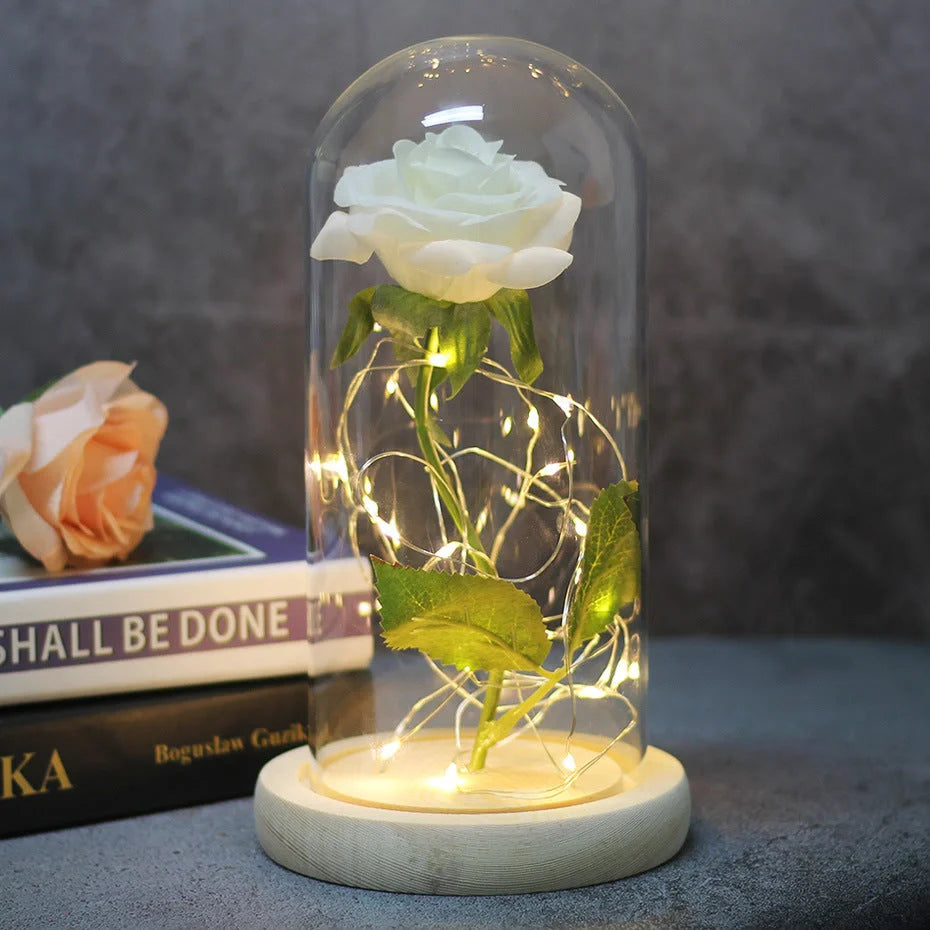 LED illuminated silk rose bouquet in glass cover for weddings and gifts