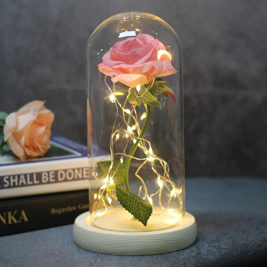 LED illuminated silk rose bouquet in glass cover for weddings and gifts