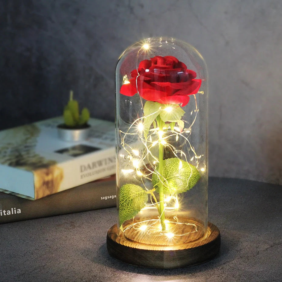 LED illuminated silk rose bouquet in glass cover for weddings and gifts