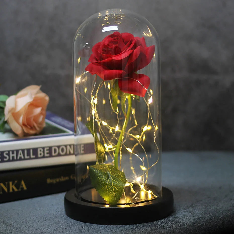 LED illuminated silk rose bouquet in glass cover for weddings and gifts