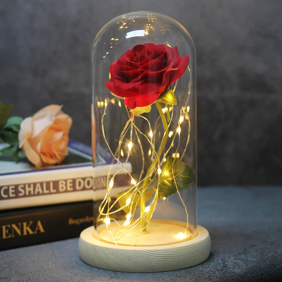 LED illuminated silk rose bouquet in glass cover for weddings and gifts