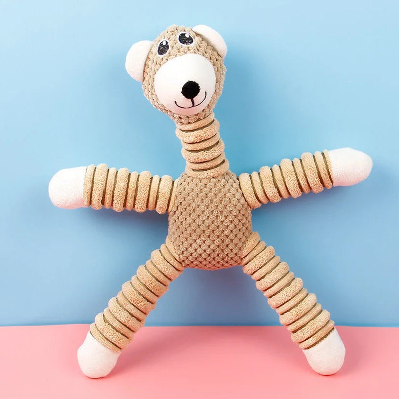 Brown corn velvet plush animal toy for pets showing 41x35cm dimensions and bite-resistant construction