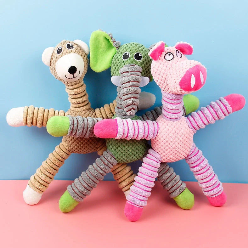 Brown corn velvet plush animal toy for pets showing 41x35cm dimensions and bite-resistant construction