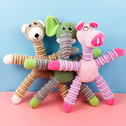 Brown corn velvet plush animal toy for pets showing 41x35cm dimensions and bite-resistant construction