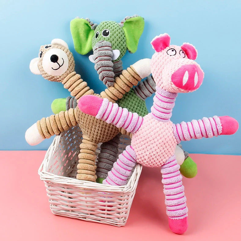 Brown corn velvet plush animal toy for pets showing 41x35cm dimensions and bite-resistant construction