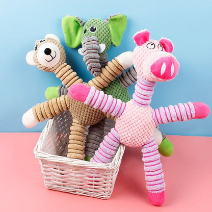 Brown corn velvet plush animal toy for pets showing 41x35cm dimensions and bite-resistant construction