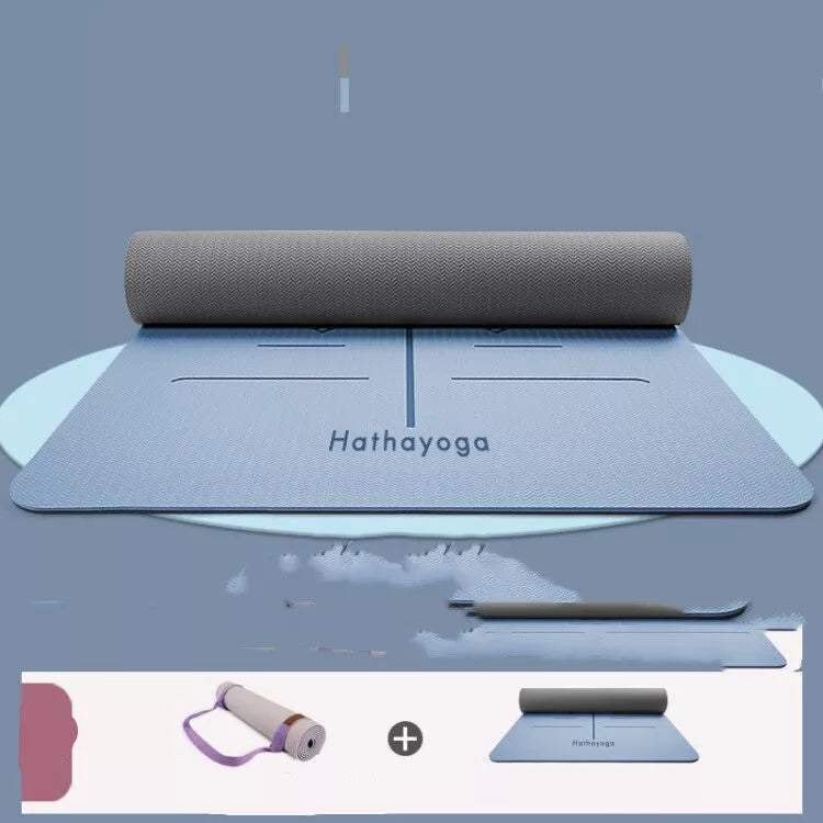 Non-slip yoga mat for beginners with asana guide lines in galaxy gray and ice ink blue