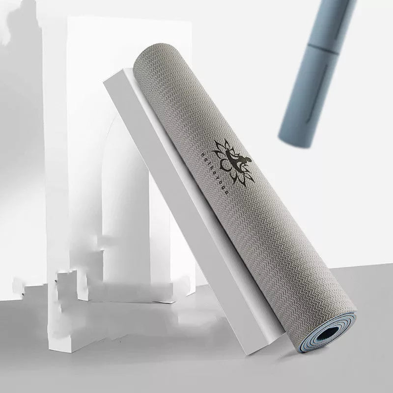 Non-slip yoga mat for beginners with asana guide lines in galaxy gray and ice ink blue