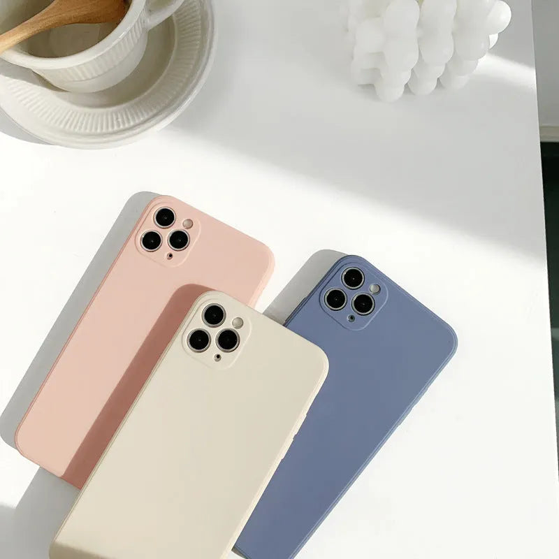 Silicone phone case for iPhone solid colour TPU back cover compatible with multiple iPhone models including iPhone 14 13 12 11 X XR XS Max 7 8 SE 2020 in blue pink white straight edge colours