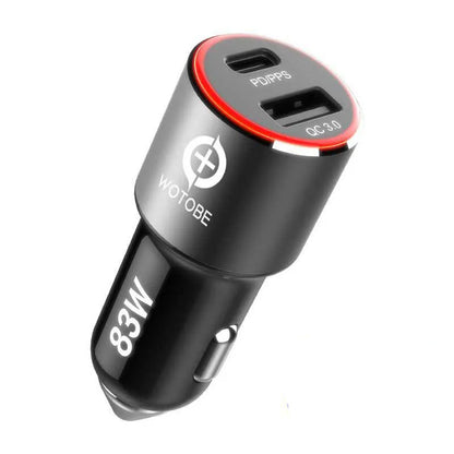 83W fast car charger with USB-C and QC3.0 ports for charging laptops and smartphones in vehicles