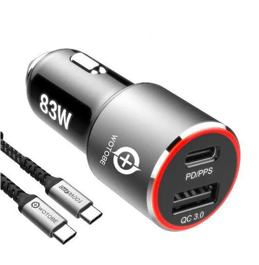 83W fast car charger with USB-C and QC3.0 ports for charging laptops and smartphones in vehicles