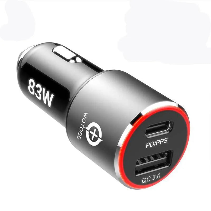 83W fast car charger with USB-C and QC3.0 ports for charging laptops and smartphones in vehicles
