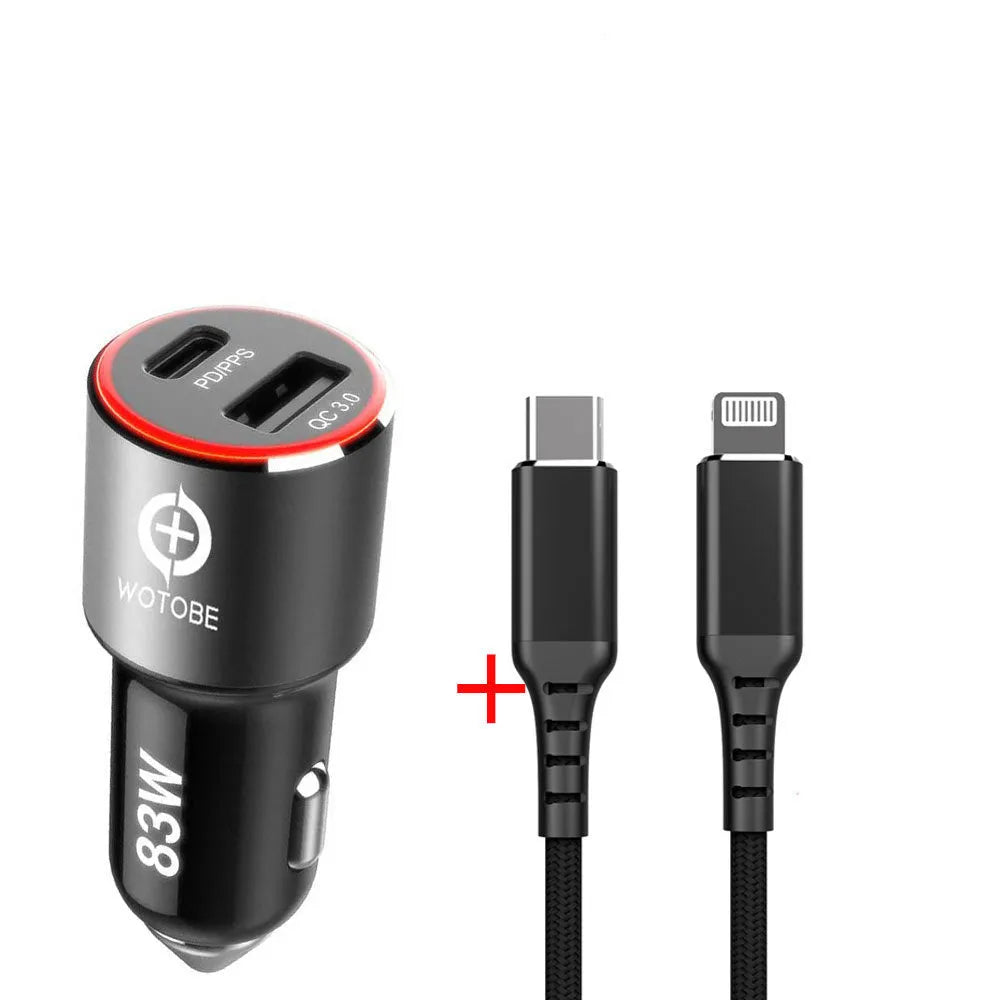83W fast car charger with USB-C and QC3.0 ports for charging laptops and smartphones in vehicles