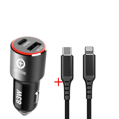 83W fast car charger with USB-C and QC3.0 ports for charging laptops and smartphones in vehicles