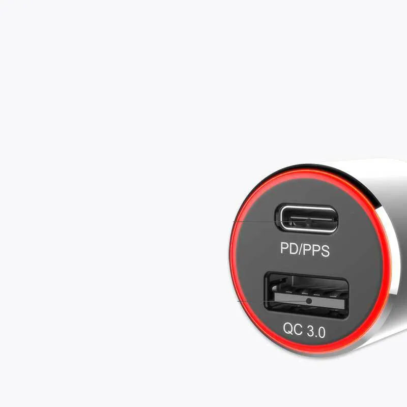 83W fast car charger with USB-C and QC3.0 ports for charging laptops and smartphones in vehicles